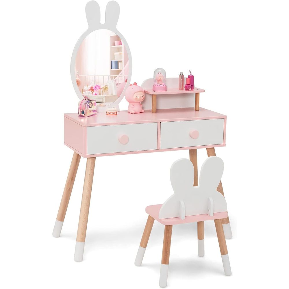 Beauty Makeup Table - EY Kinder-Schminktisch, Hasen-Motiv Kleinkind-Schminktisch und Stuhl-Set
